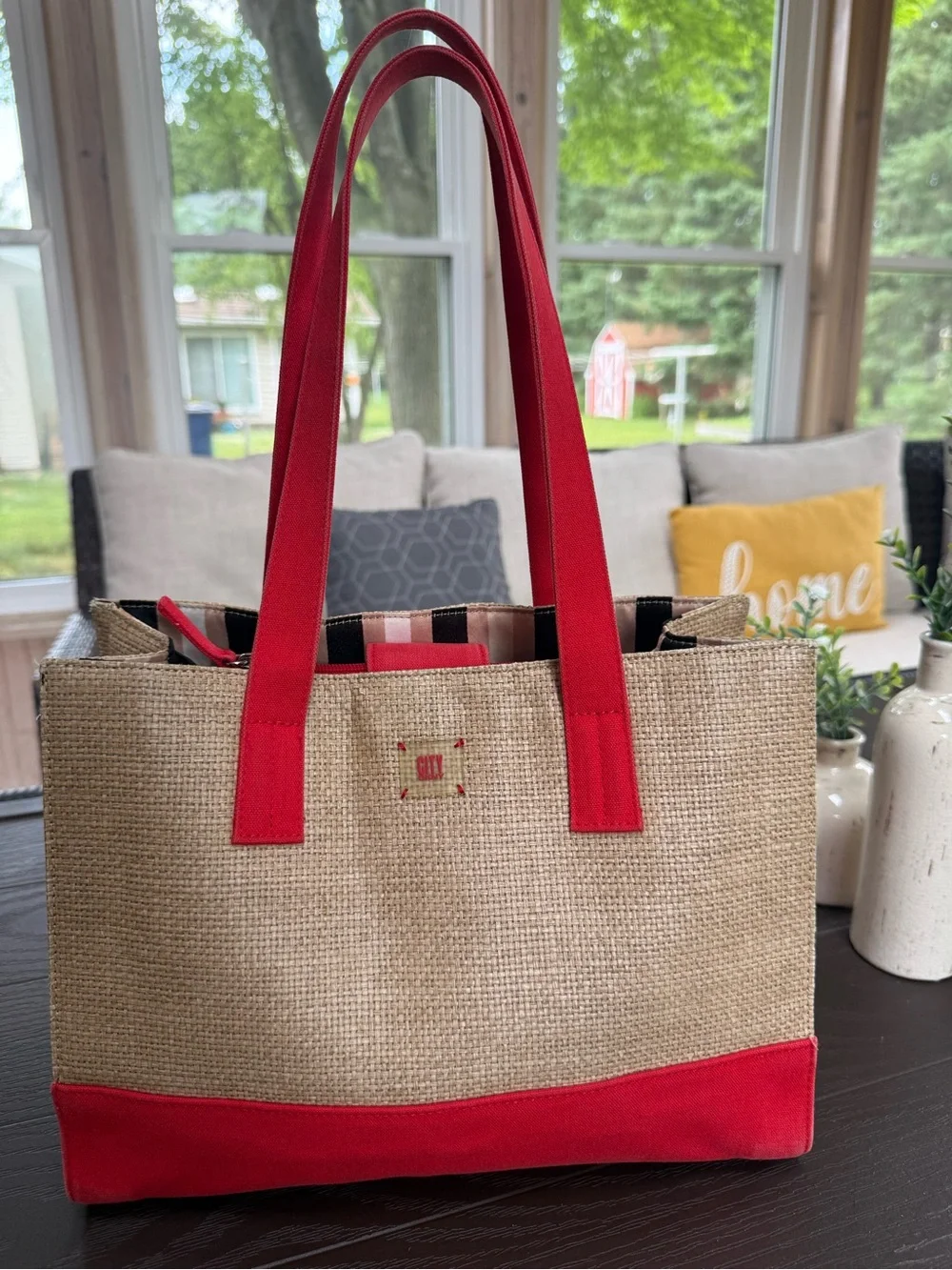 DKNY City Straw Canvas Tote Bag Red & Natural Large Shoulder Bag